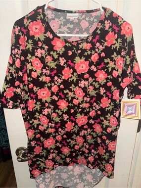 LuLaRoe Irma Black Top with Coral Pink Floral Print